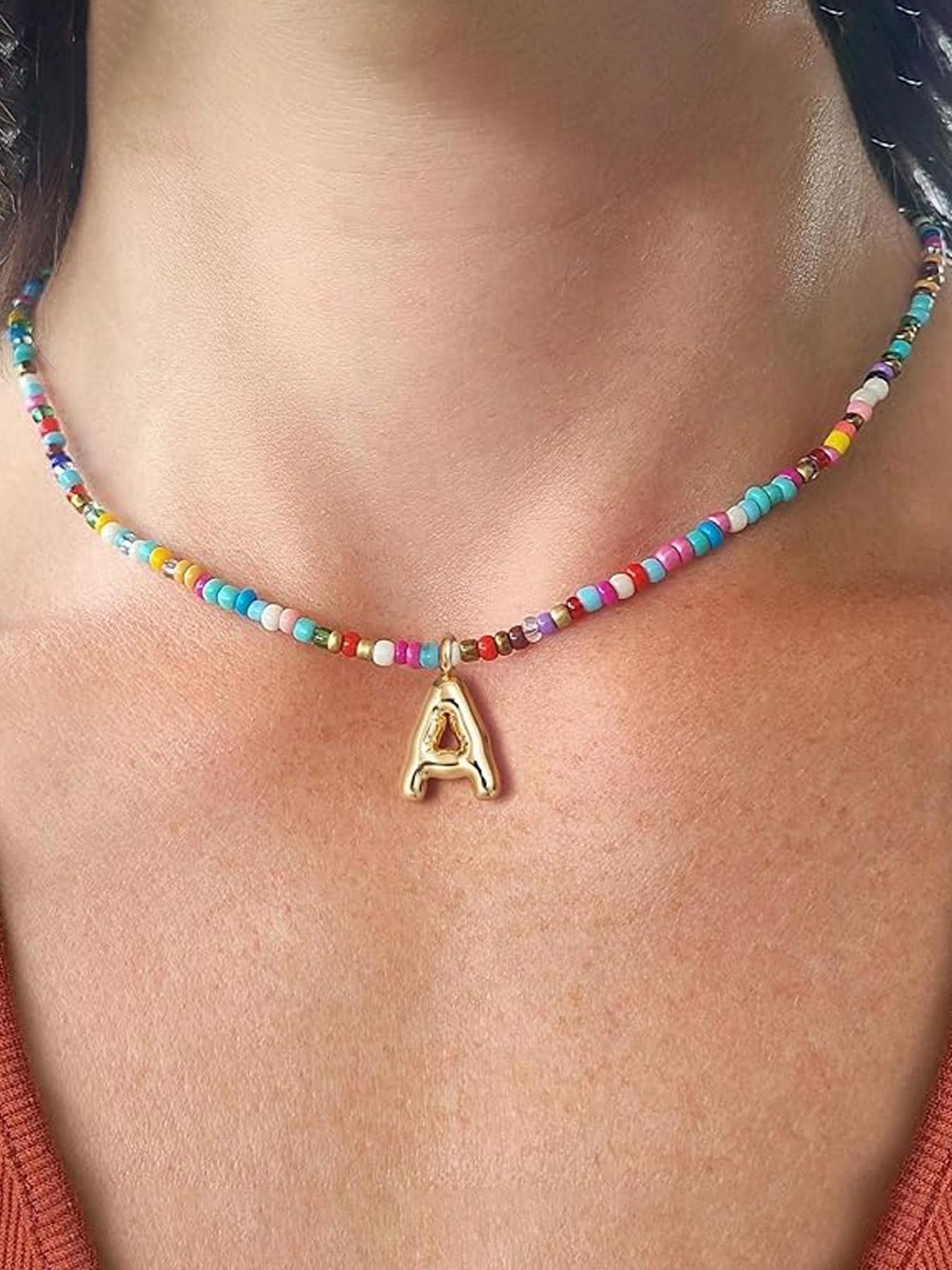 Women's colorful letter necklace, bubble-shaped initial necklace, handmade beaded necklace, exquisite and cute beach Bohemian style necklace, Mother's Day gift, back-to-school season necklace gift, Teacher's Day necklace gift