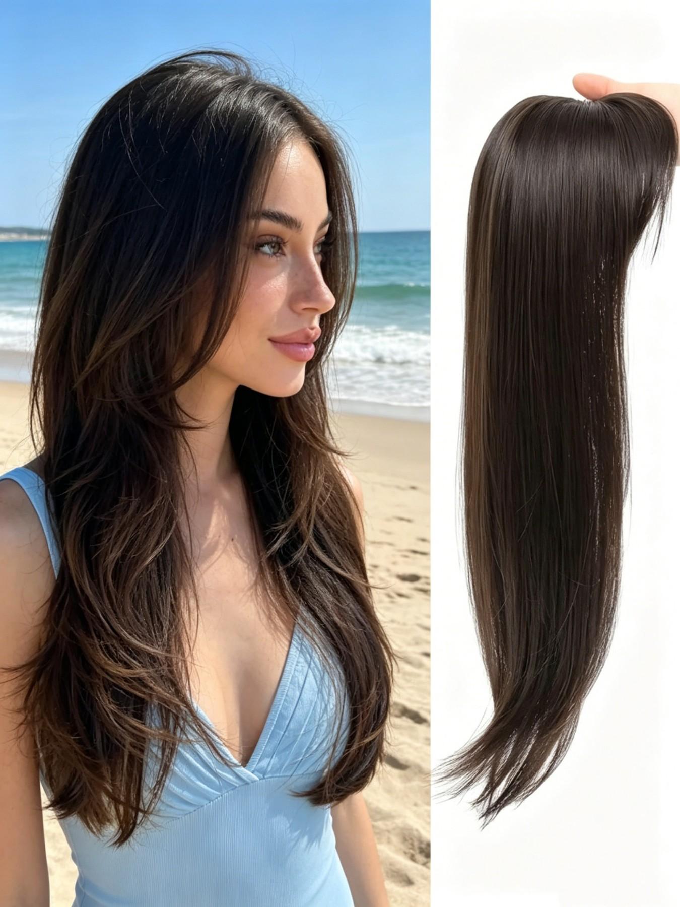 ✨Fresh Summer Beach Dark Chestnut Straight Clip-In Topper, Premium Kanekalon Synthetic Hair With Soft Layered Curtain Bangs, Seamlessly Mask Sparse Scalp, Ideal For Seaside Trips & Simple Daily Looks