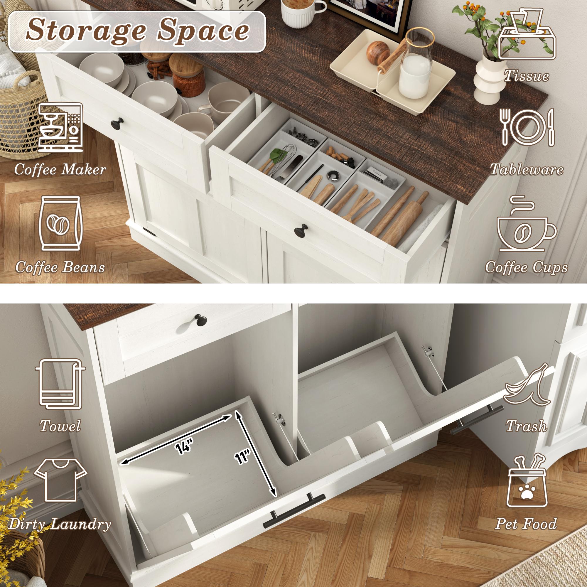 Trash Can Cabinet, 10 Gallons / 20 Gallons Farmhouse Hidden Wood Garbage Can Bin Cabinet with Drawers, Tilt Out Laundry Hamper with Laundry Storage Basket for Bathroom, Kitchen, Brown/Antique White/Dark Grey