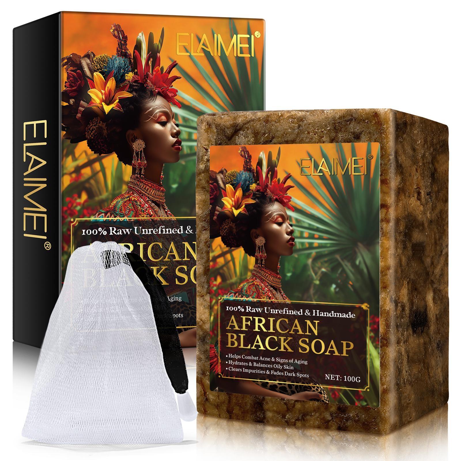 ELAIMEl African Black Soap, comes with a lathering net, produces a rich, creamy lather, gently removes oil from the skin, and leaves it feeling fresh and clean. Bath soap.
