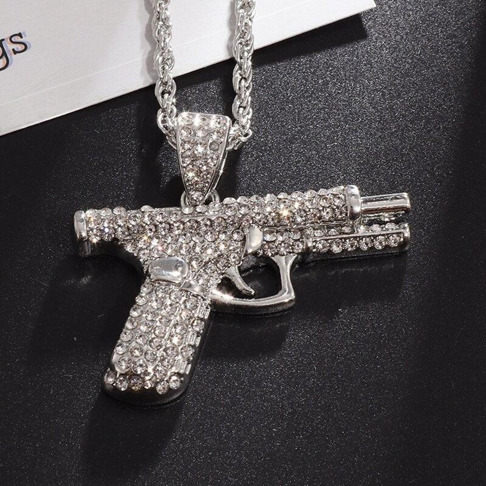 Men's Iced Out Cuban Link Chain with Rhinestone Pistol Pendant, Hip Hop Bling Necklace for Daily Casual Wear