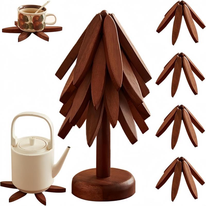 2026 Natural Tree Trivet Set - Christmas Tree Design! This heat - resistant set includes 4 walnut - wood trivets and 1 stand, stored like a Christmas tree. A foldable kitchen decor art, perfect for pots, bowls, coffee mugs, teapots and hot pots.