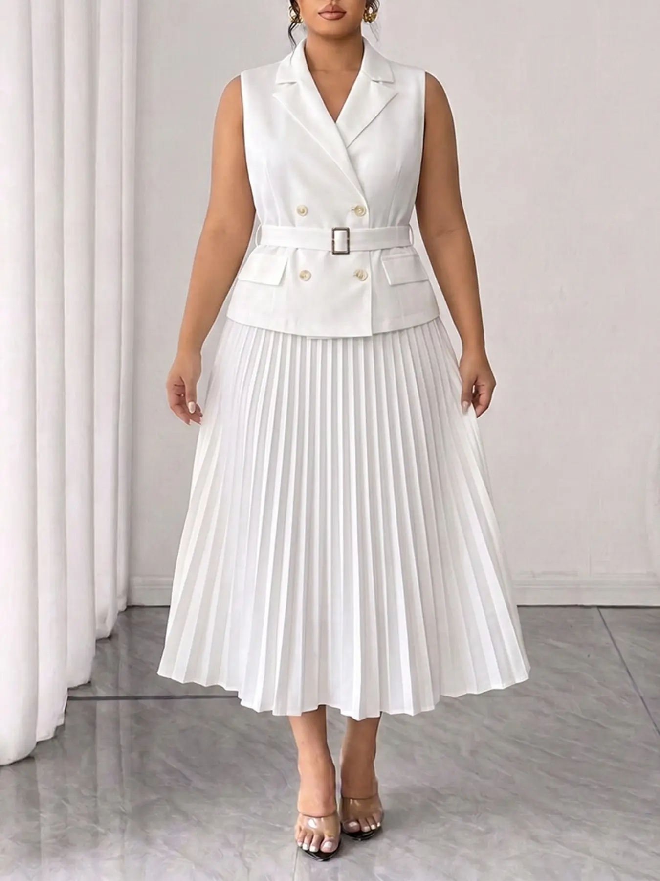 Elegant Blazer Vest Belt & Pleated Midi Skirt Set, Sleeveless Suit Jacket Dress for Office, Business Dinner, Formal Events