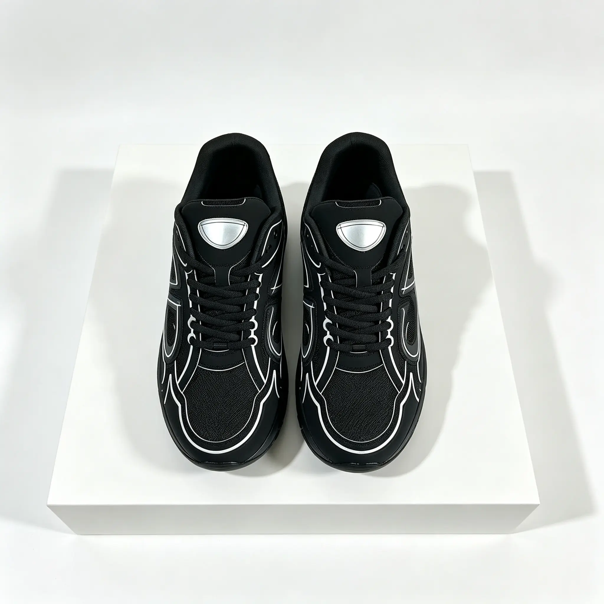 Unisex Breathable Mesh Retro Street Sneakers, Black Upper White Contrast Outline LaceUp Trainers, Soft Padding NonSlip Outsole for Daily Walking Outdoor Activities