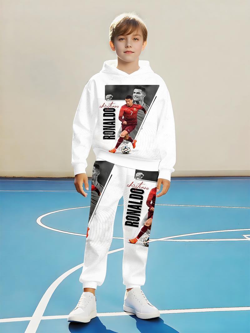Boy's CR7 Football Themed Sweatsuit with Soccer Number Prints, Hooded Sweatshirt and Pants, Casual Outfit for Spring & Fall