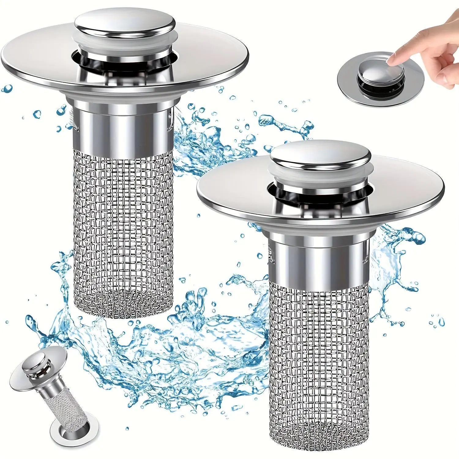 Stainless Steel Pop-Up Sink Drain Filter with Detachable Mesh Basket, Anti-Clog Filter Drain Blocker for Bathtub/Shower, Chemical-Free Hair Collector, Easy Snap-In Plug Replacement, Quick Cleaning