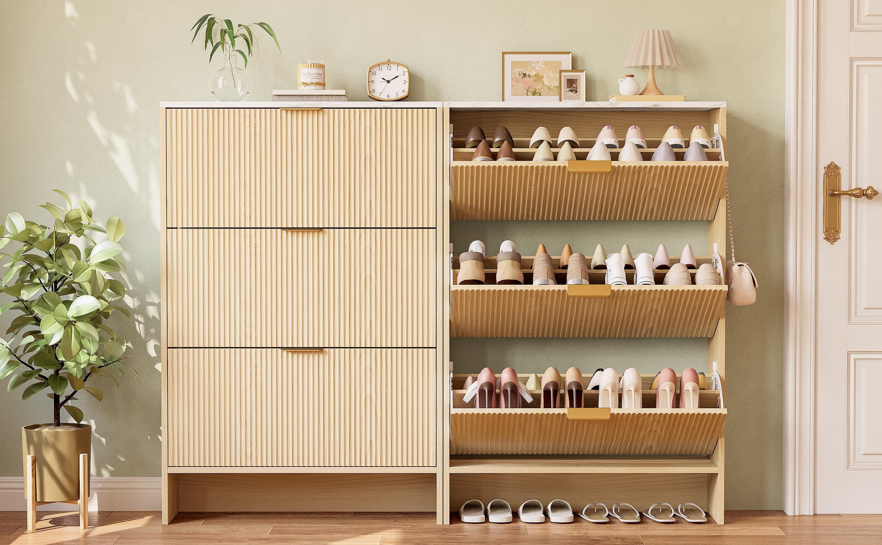 IRONCK Shoe Storage Cabinet with 3 Flip Drawers, Fluted Shoe Cabinet Storage for Entryway, Free Standing Wooden Shoe Organizer Cabinet for Hallway IRONCK Shoe Storage Cabinet with 3 Flip Drawers, Fluted Shoe Cabinet Storage for Entryway, Free Standing Wooden Shoe Organizer Cabinet for Hallway