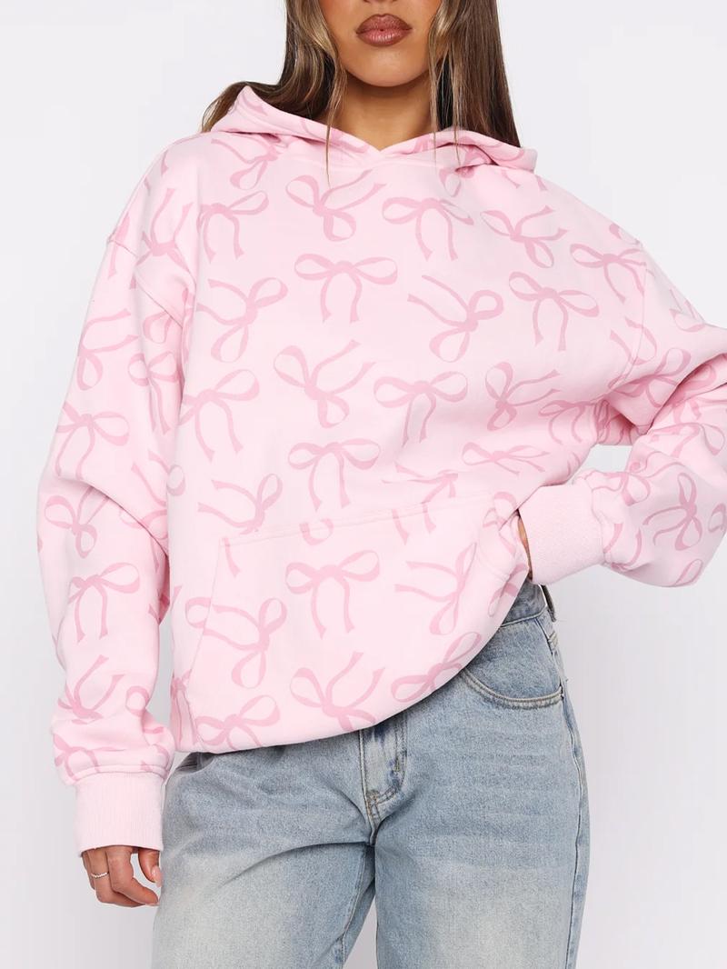 Women's Hooded Sweatshirt with Bow Print, Long Sleeve Fitted Casual Top, Spring & Fall Fashion, Perfect Gift for Valentine's Day