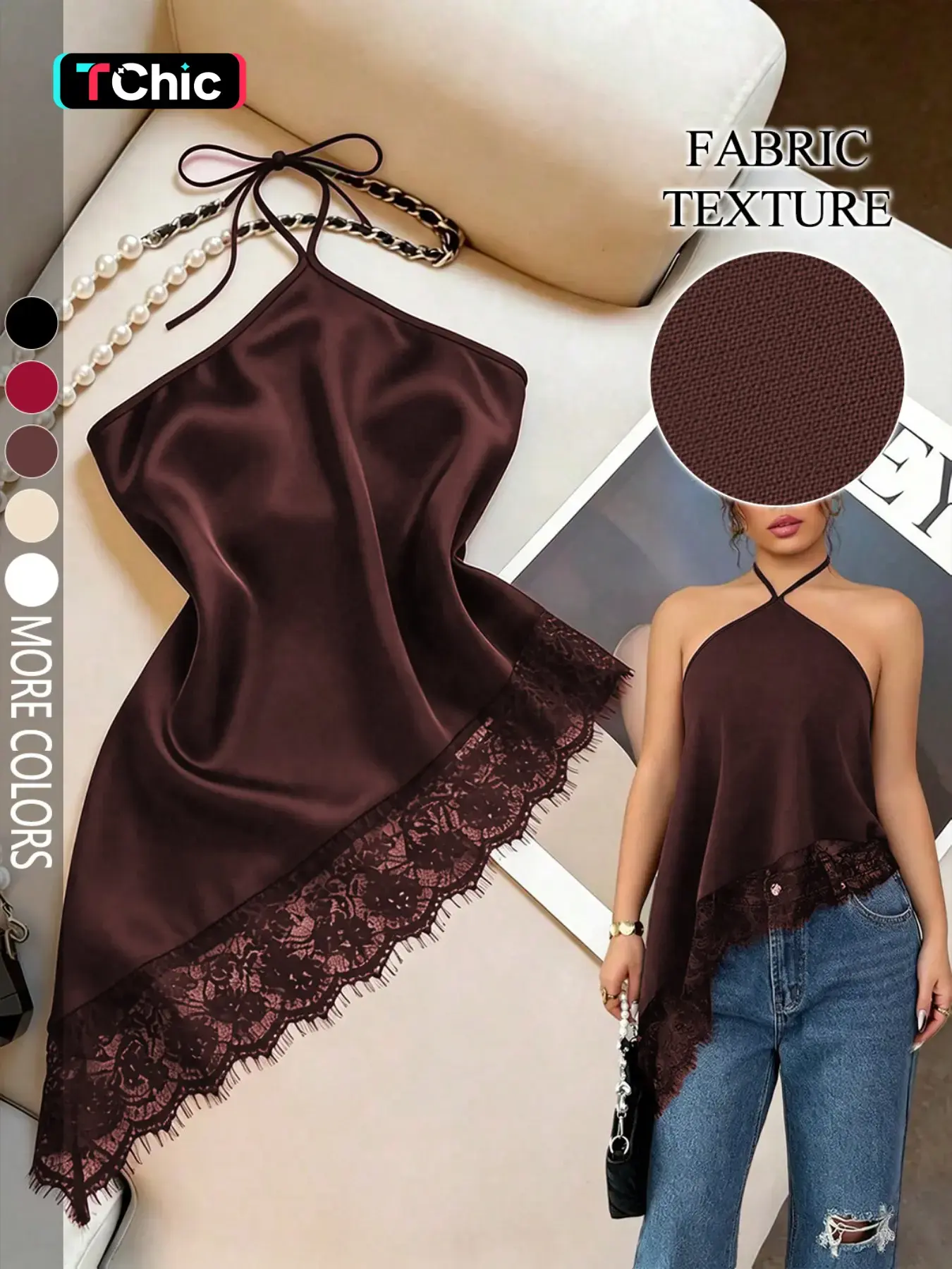 Women's Fashionable Chic Sexy Backless Halter Neck Satin Top Fit, Lace Trim Design, Trendy Summer Wear, Suitable for Club Parties, Cocktail Parties & Travel