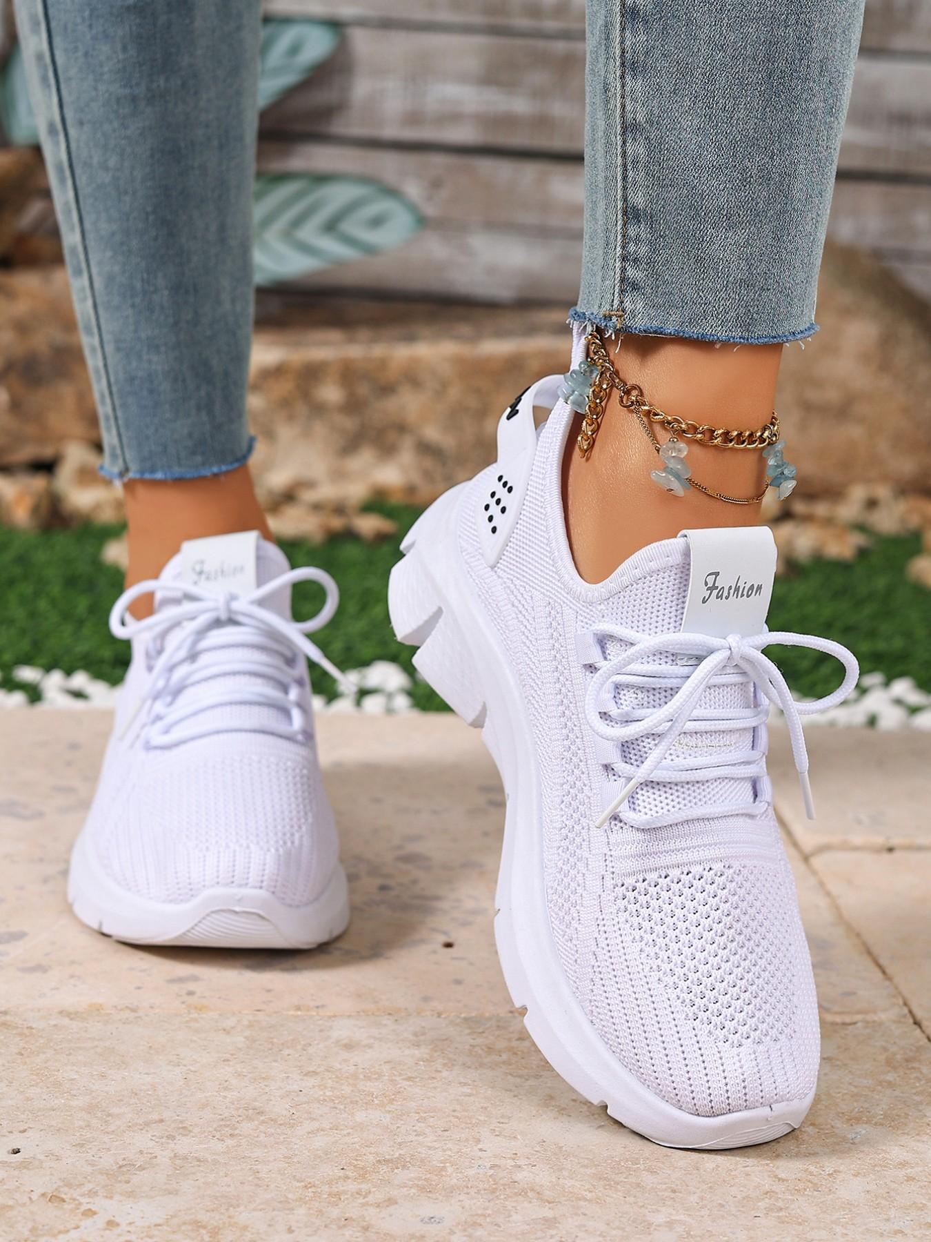 Women's White Knitted Running Sneakers - Spring/Summer New Arrival Breathable, Lightweight, Non-Slip Casual Shoes Athletic Running Shoes Suitable for Daily Outings, Fitness, and Travel