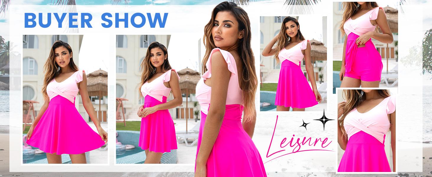 【S-2XL】Tummy Control Tankini Swimsuits for Women V Neck Swimdress Modest Swim Dress Bathing Suit with Boyshorts Outdoorfun