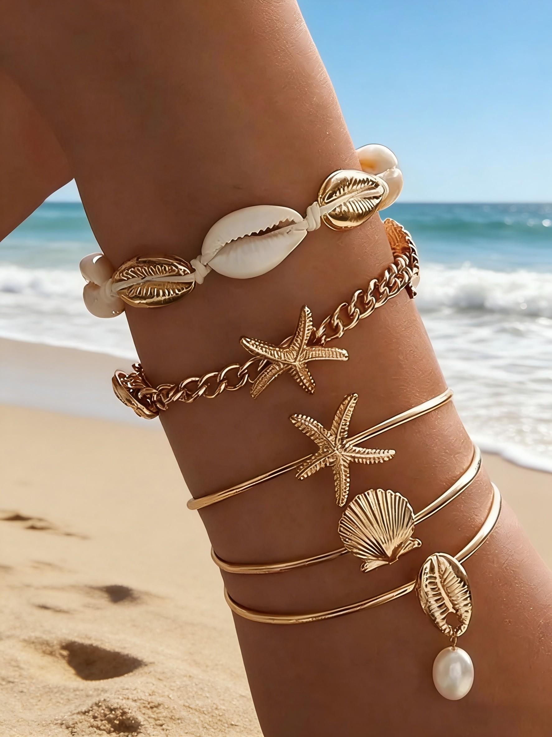 5pcs in 1 Set Beach Element Accessory Set, Featuring Shells and Starfish, Durable Stylish Layered Design, Perfect for Everyday Wear, Trendy Jewelry Set, Elegant Jewelry Set, Fashion Jewelry Set
