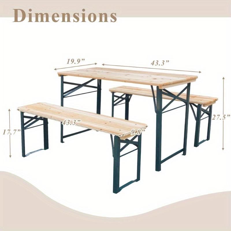 3-Piece Foldable Wooden Picnic Table Set with Steel Frame & 2 Benches, All-Weather Outdoor Dining Table for Patio, Garden, Camping, Lawn