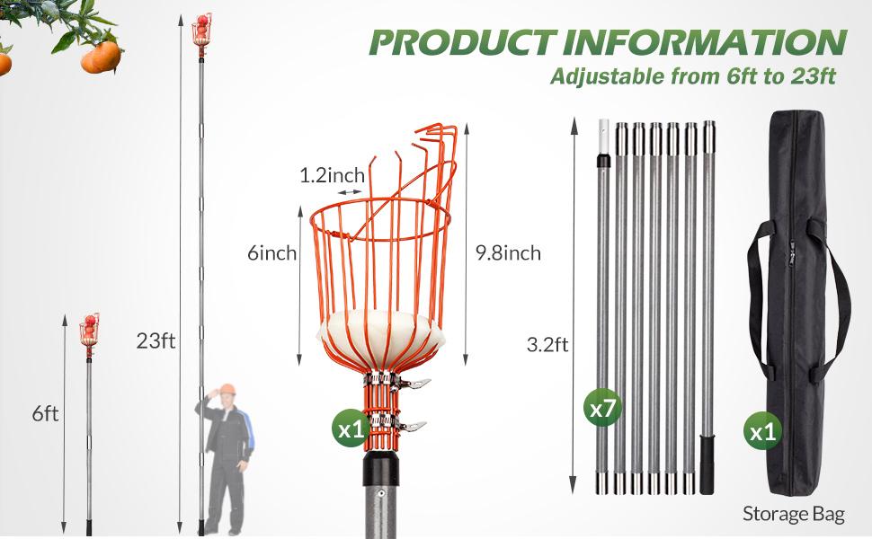 Walensee 23FT Fruit Picker, Adjustable Fruits Picker Tool with Fiberglass Pole, Big Basket and Storage Bag, Fruit Catcher Equipment Tree Picker for Lemons Apples Mango Orange Avocados Fruit Picking