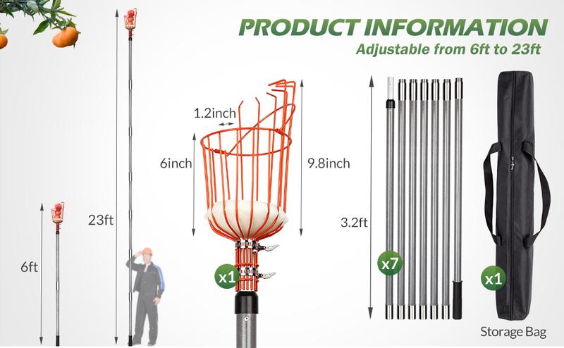 Walensee 23FT Fruit Picker, Adjustable Fruits Picker Tool with Fiberglass Pole, Big Basket and Storage Bag, Fruit Catcher Equipment Tree Picker for Lemons Apples Mango Orange Avocados Fruit Picking