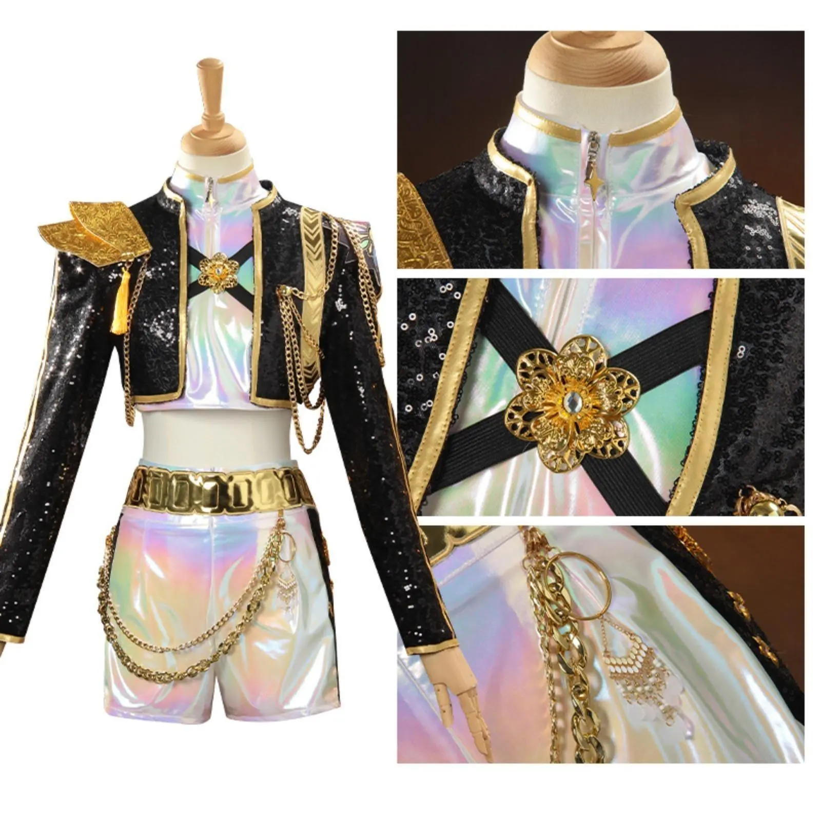 Girls Sequin Majorette Dance Costume Set, Black Gold Holographic Hip‑Hop Stage Outfit, Kids Halloween Christmas Cosplay Performance Dancewear for Competition Show