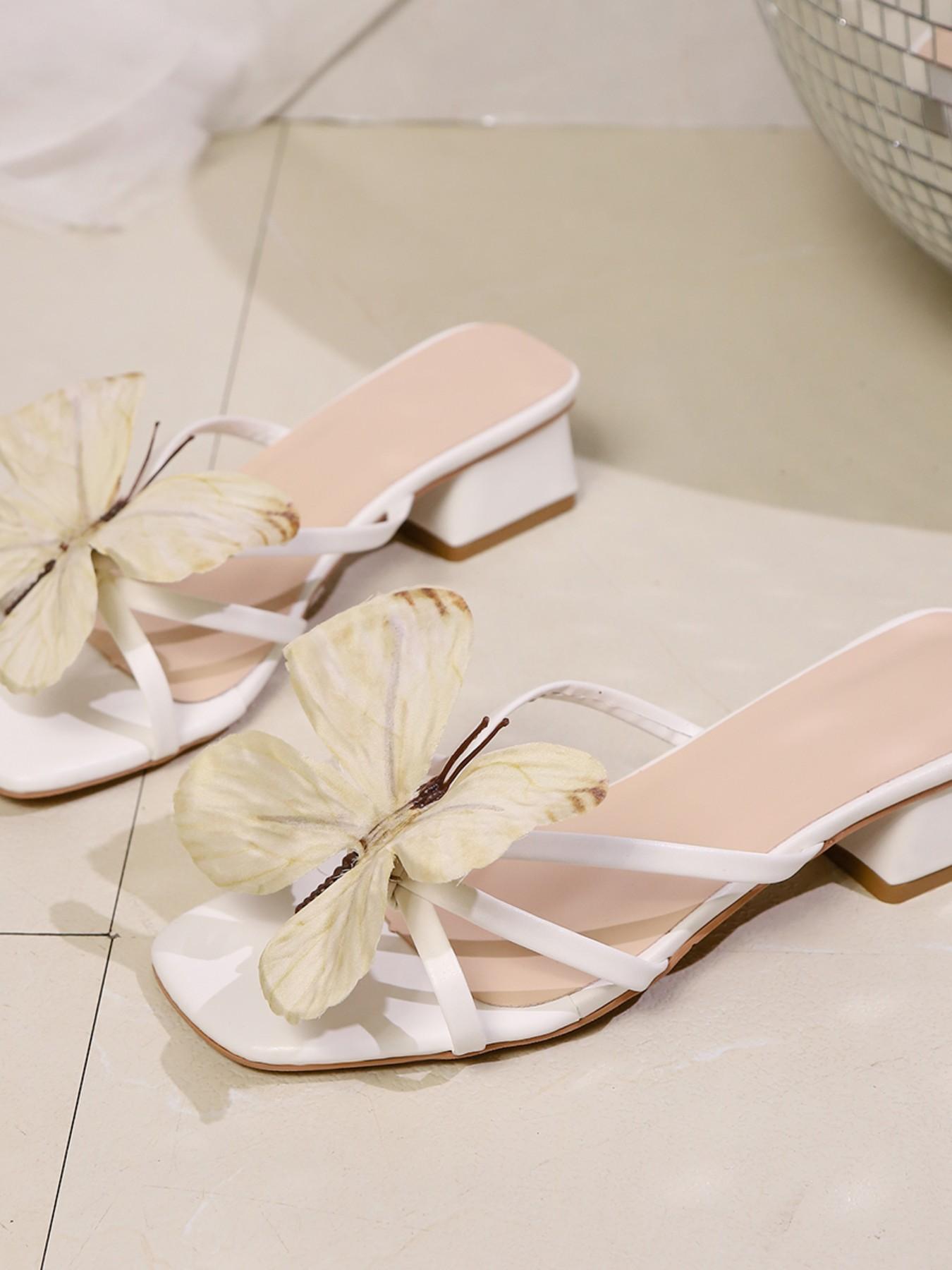 Butterfly Decorated Chunky Heel Sandals, Square Toe Thin Strap 3D Butterfly Flip Flops, French Romantic Butterfly Heeled Shoes