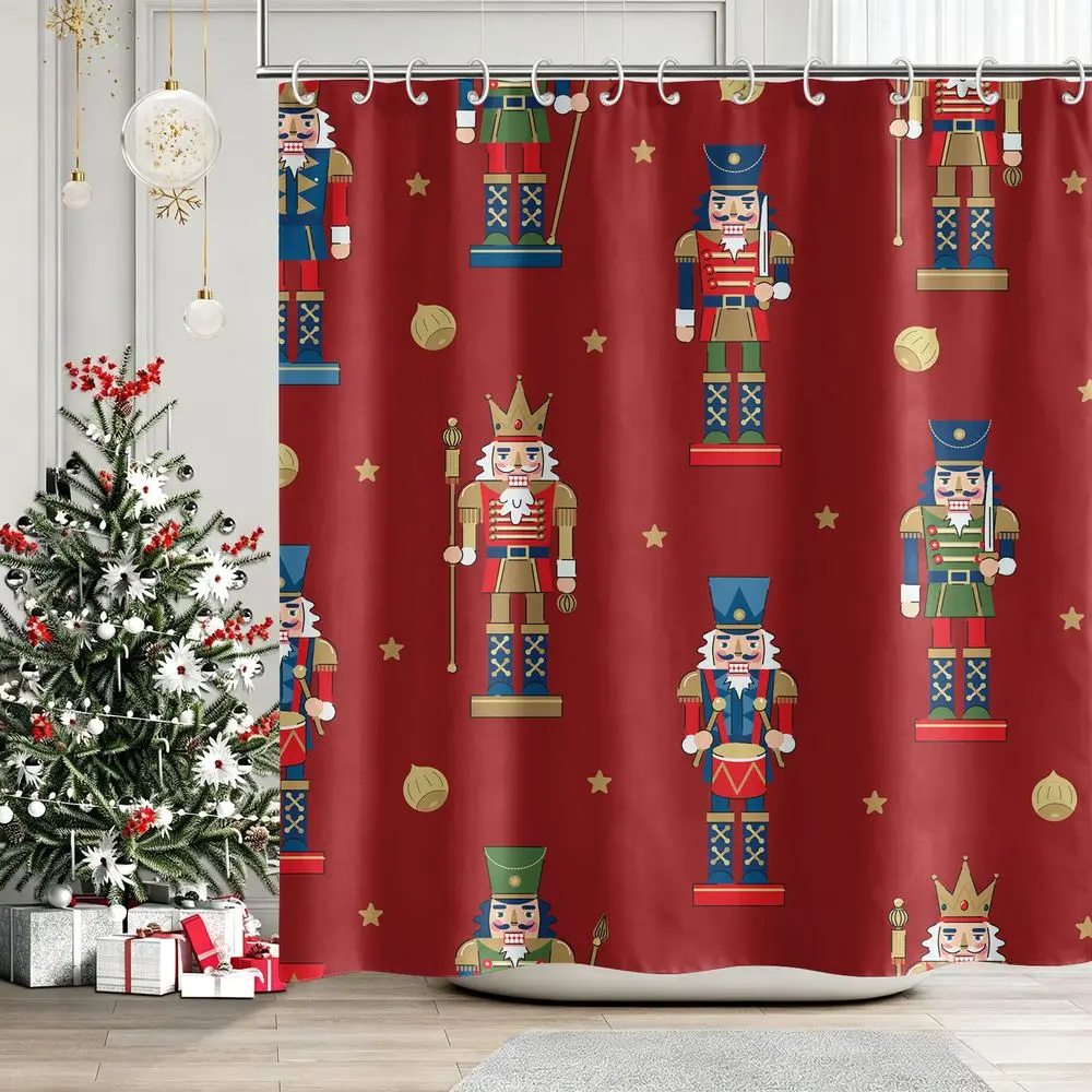 1Pcs Christmas Nutcracker Shower Curtain, Waterproof Cloth Fabric Bathtub Privacy Curtain, Festive Holiday Bathroom Decor Set for Winter Home Decoration, Durable Washable Shower Divider with 12 Hooks