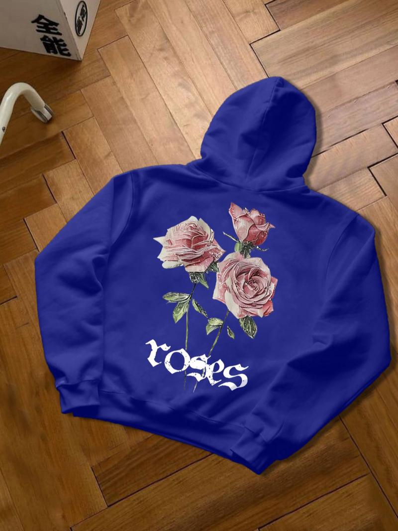 Street Fashion Pink Rose & Letter Print Hoodie - Retro Style Fleece-Lined Hooded Sweatshirt for Men in Colorful Blue/Black/Dark Green/Coffee, Autumn Winter Trendy Casual Pullover