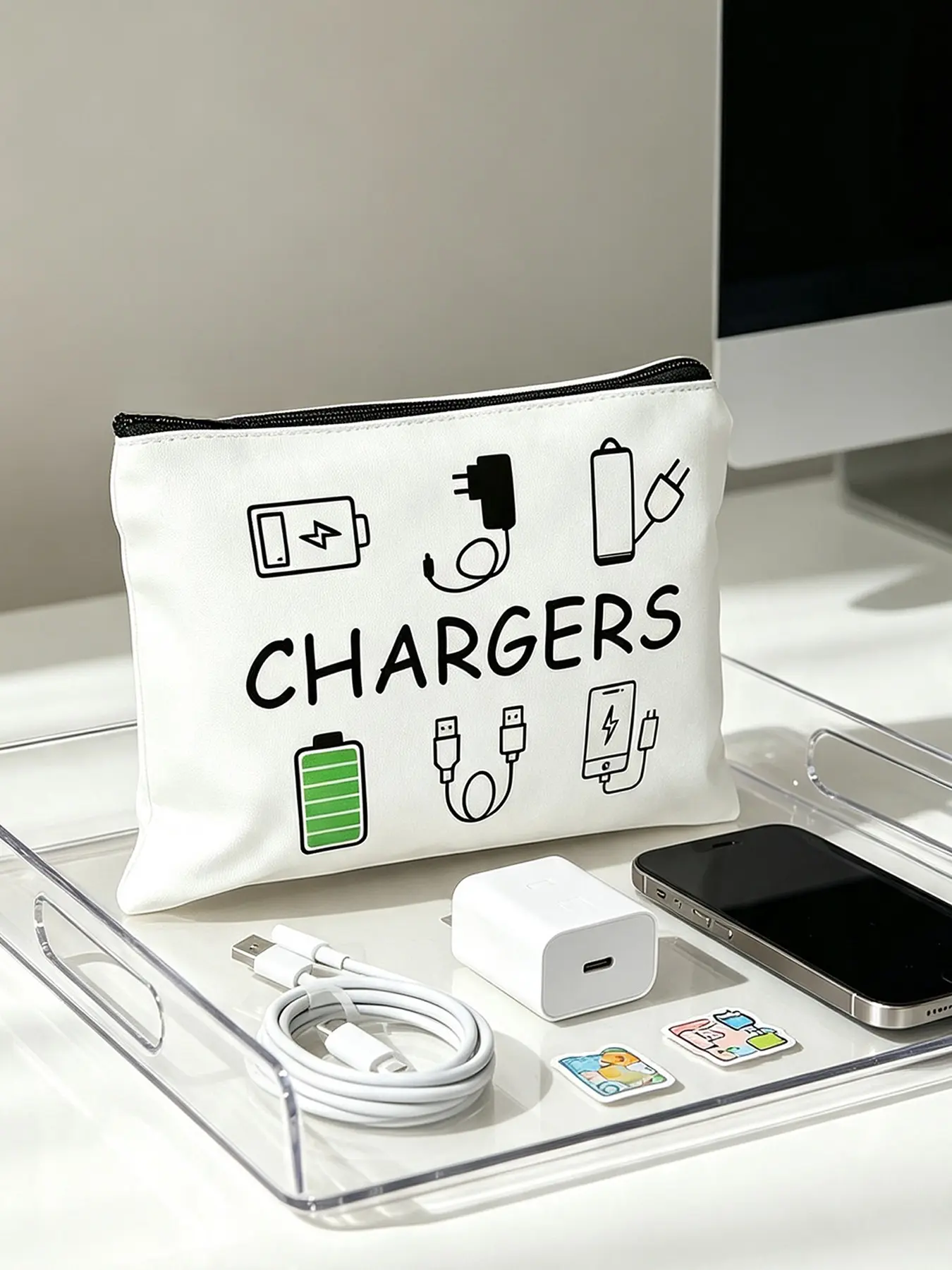 Minimalist Line Pattern USB Charging Organizer, Unisex Digital Storage Bag for Travel, Compact Cable and Device Case, Portable Charger Earphone U Disk Organizer