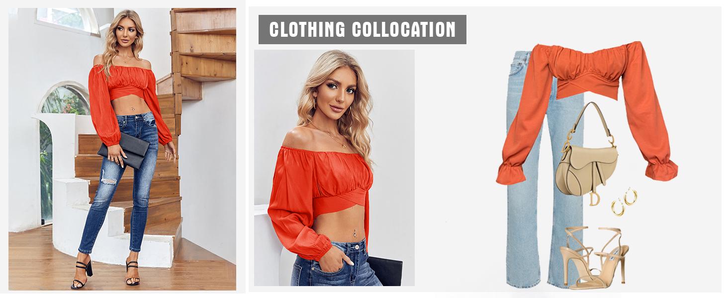 Danedvi Women Off Shoulder Crop Top Ruched Lantern Sleeve Self Tie Dessy Cropped Tee Shirts Clothing Chic