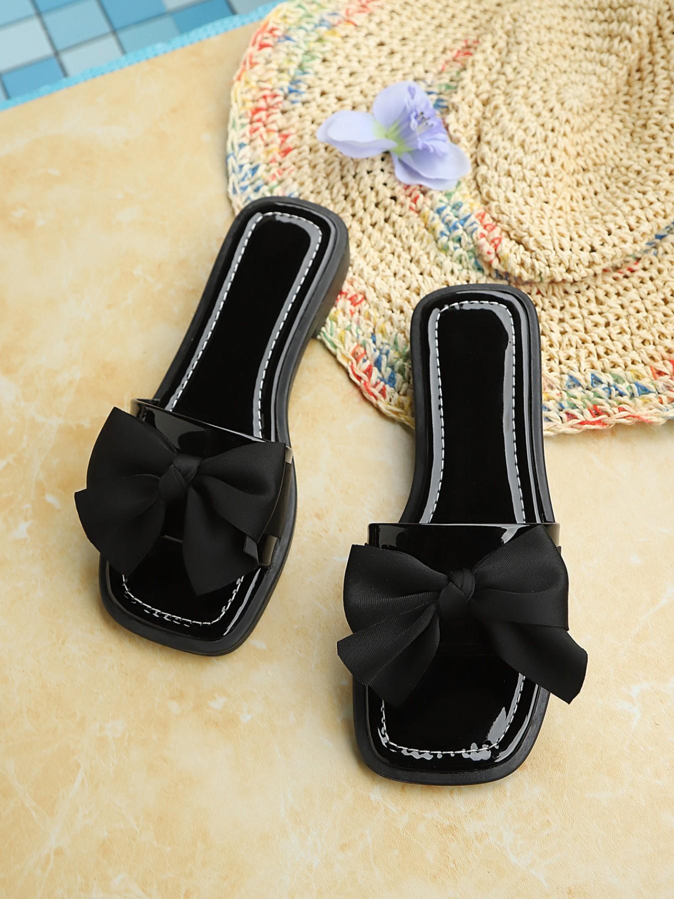 Women's Bow Square Toe Flat Sandals, Cute Casual Summer Fashion, Non-Slip Vacation Shoes, Plain Pattern, Rubber Sole, Less Than Ankle Height.Coquette Casual Shoes, Bow Flat Slides, Summer Chic Sandals.