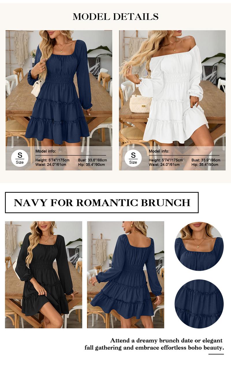Chicovar Women's Square Neck Boho Mini Dress – Long Sleeve Smocked Waist Tiered Ruffle Dress with Pockets, Cute Lantern Sleeve for Spring Wedding Guest, Family Photos, Church, Valentine's Day, Westernfashion
