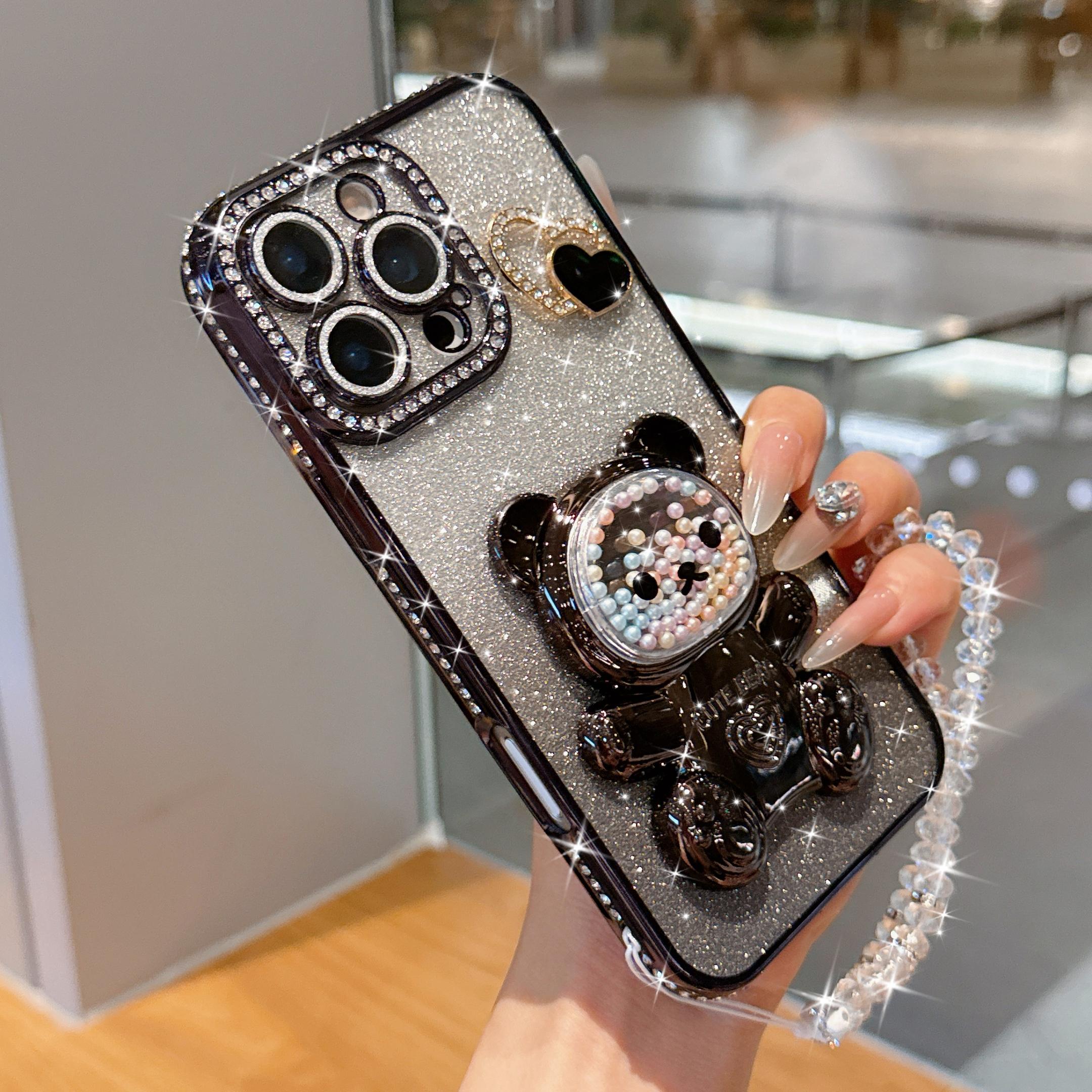 Luxury Blue Bear Stand Phone Case, Gradient Sand Anti-Drop Protection, Crystal Lanyard, Fits iPhone 17pro Max 16pro 15 14 13 12 11