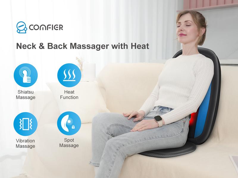 COMFIER Shiatsu Back Massager with Heat -Deep Tissue Kneading Massage Seat Cushion, Massage Chair Pad for Full Back, Electric Body Massager for Home or Office Chair use, Gifts for Men