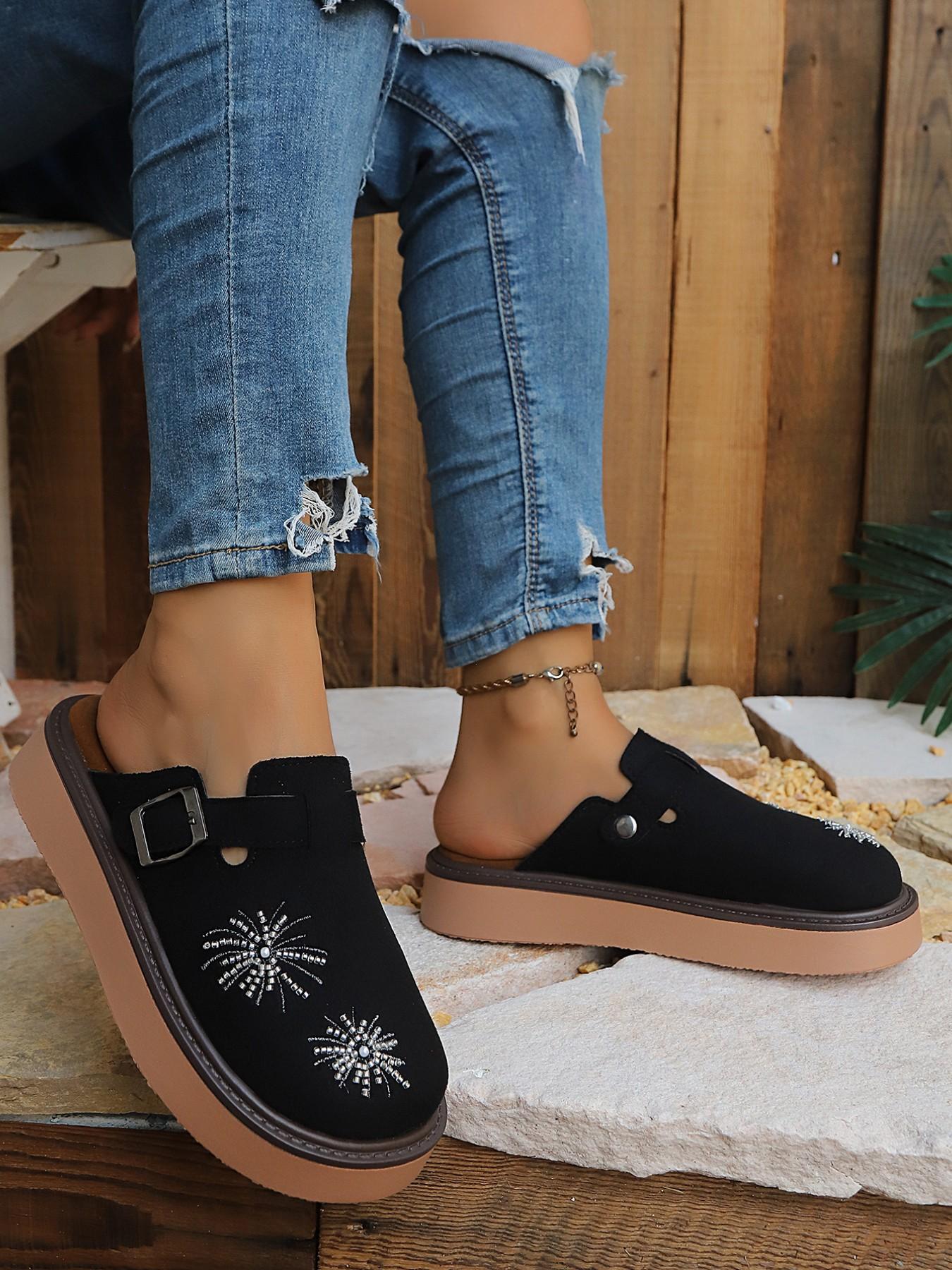 New Vintage Fashion Comfortable Large Size Rhinestone Fireworks Buckle Slip-On Shoes, Versatile Multi-Function Casual Women's Thick Soled Mules