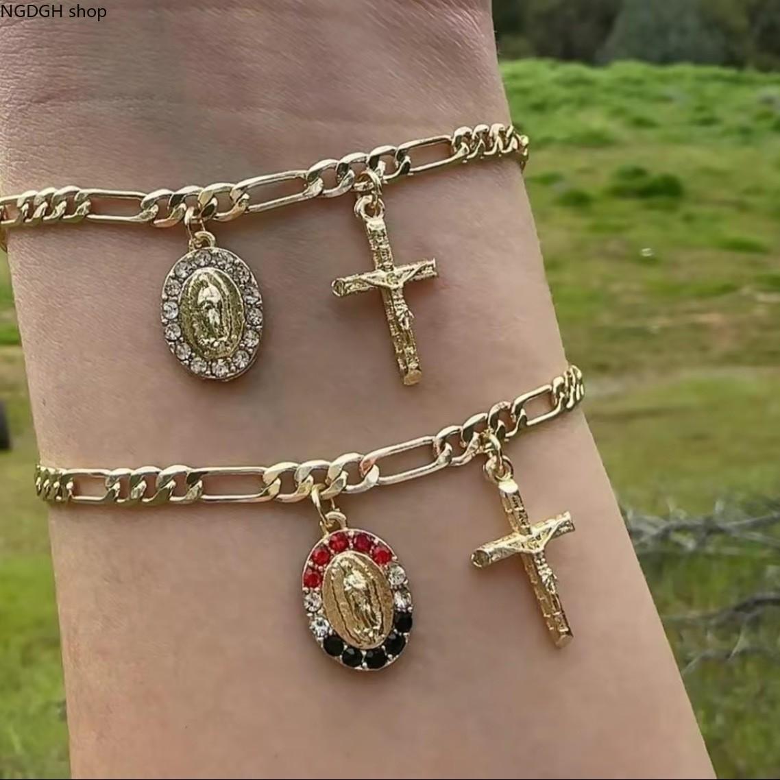 Virgin Mary Chain Bracelet in Gold-Tone, Waterproof Religious Jewelry for Men & Women, Spiritual Protection for Sports or Daily Wear, Religion, Gold Bracelets, Casual, Everyday Wear, Unisex