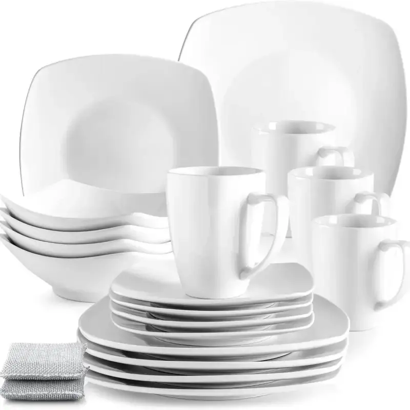 4-Person 16-Piece Stylish Square Ceramic Tableware Set, Durable Porcelain Plates & Bowls, Shatterproof, Scratch-Resistant, Dishwasher & Microwave Safe