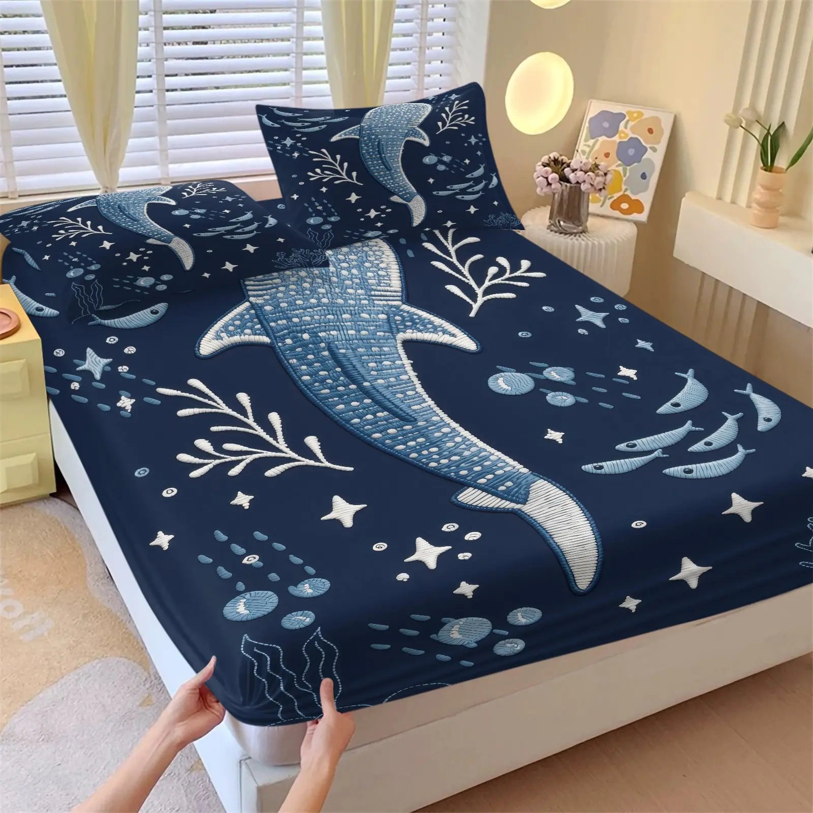 Whale Shark Ocean Fitted Sheet Set, 1 Fitted Sheet + 2 Pillowcases, Cute‑Style Marine Sea Creature HD Print Bedding, Soft Microfiber Deep Pocket, Nautical Kids Bedroom Decor, Gift for Ocean‑Loving Boys & Girls
