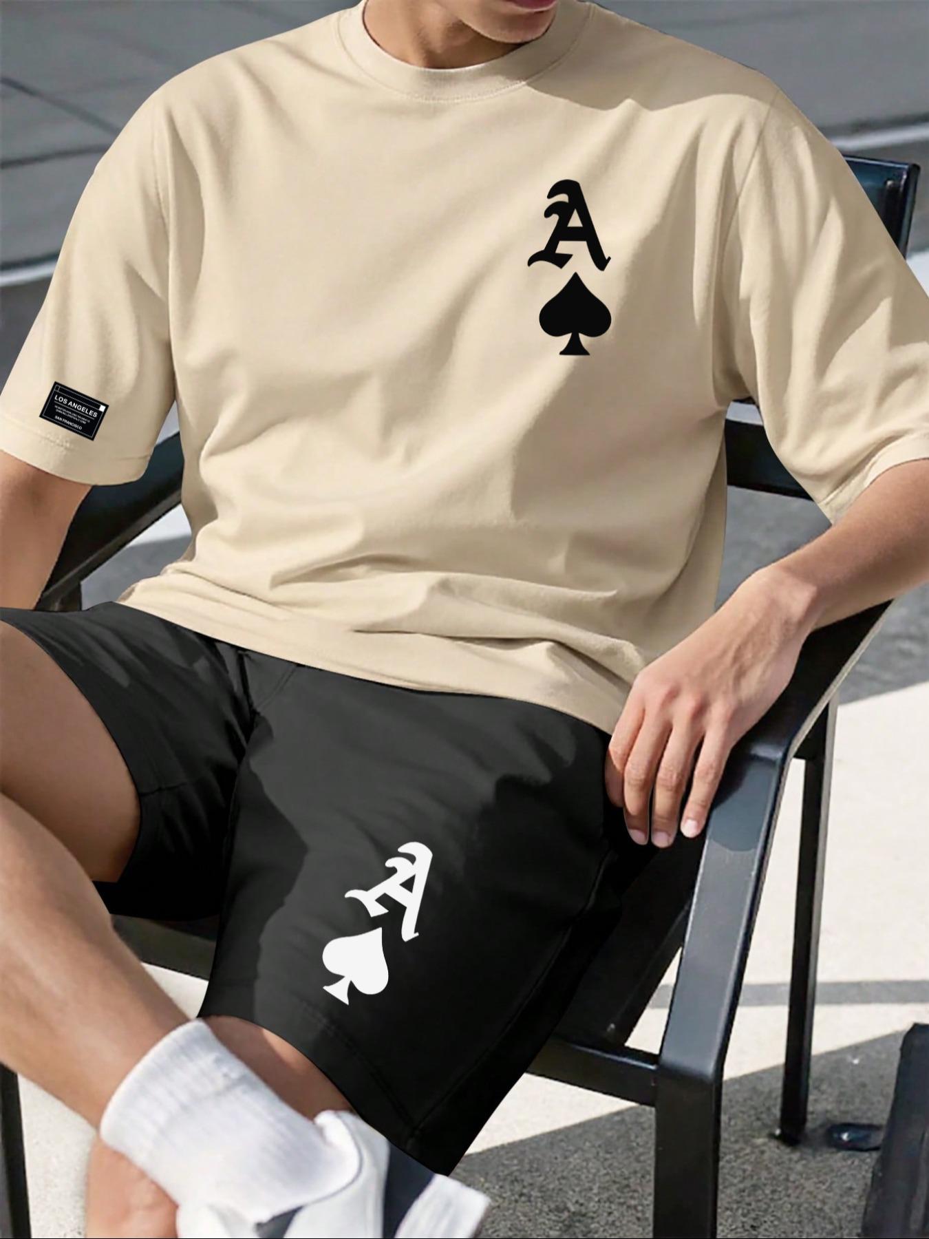 Two-Piece Set Men's Regular Fit Spade & Ace Print Short Sleeve Tee & Shorts, Casual Round Neck T-shirt & Track Shorts, Men's Summer Clothes
