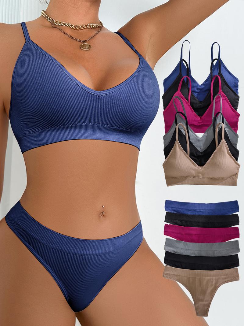 Women's Solid Wireless Bra & Panty Set, Comfy Breathable Replaceable Chest Pads Bra & Panty Set, Softness Underwear Set for Women, Casual Soft Panties