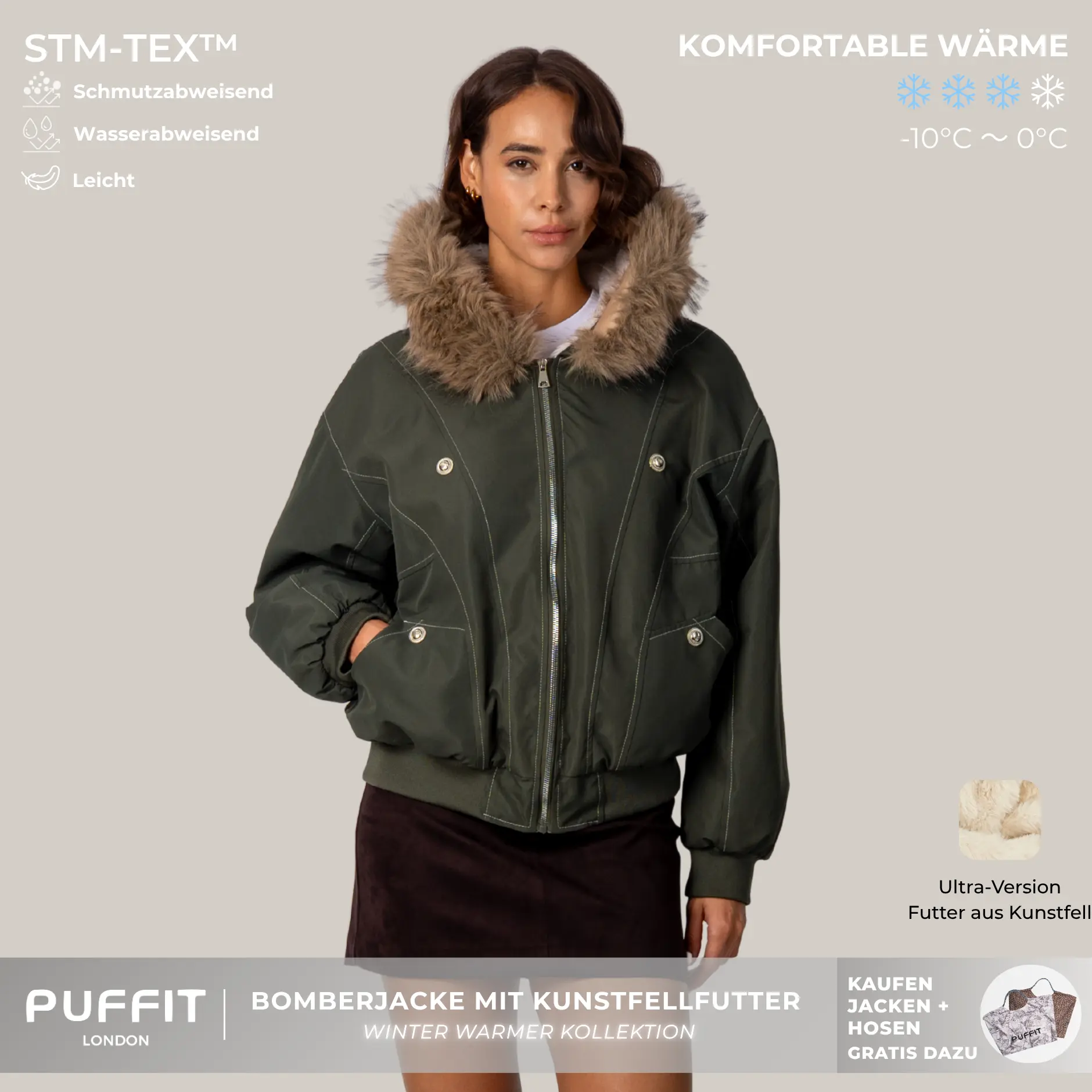 PUFFIT STM-TEX Faux Fur Lined Waterproof Bomber Jacket With Faux Fur Collar Hood,Elegant And Sophisticated,Enhances Warmth,Soft And Warm,Style And Practicality,Y2K Style,Fall Winter Coat,2026 Shopping