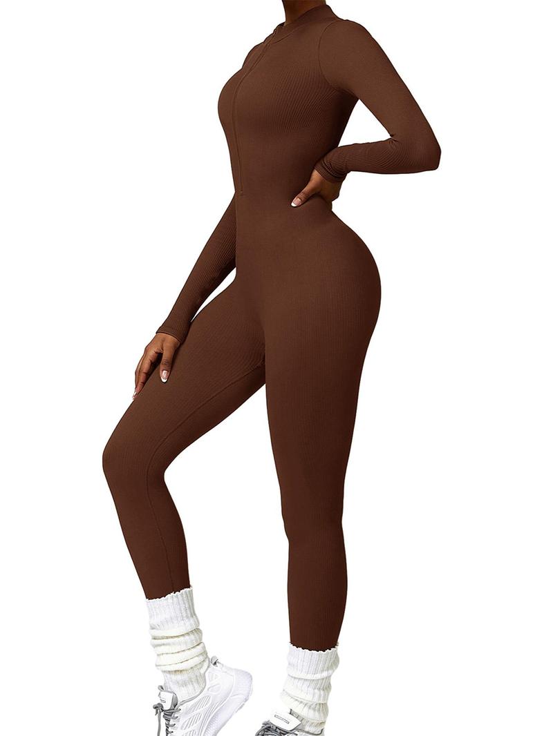 Women's Threaded Long-Sleeved Trousers Seamless Knitted Jumpsuit European & American Winter Tight-Fitting Long-Sleeved Yoga Jumpsuit Zip-Front Tummy-Control High-Intensity Workout Fitness Wear for Women Sportswear Jumpsuits