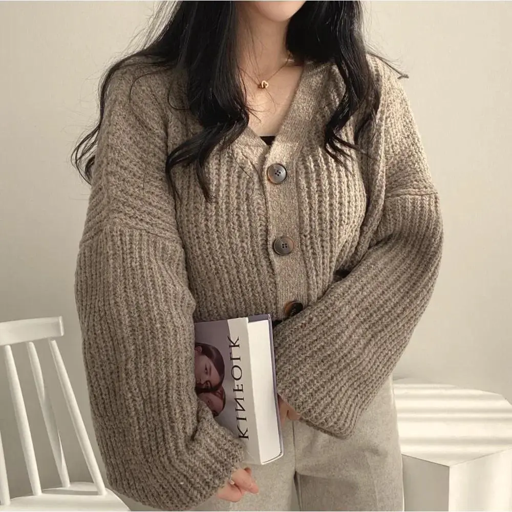 Granny Sweater Cardigan Women Comfy V-neck Button Front Chunky Knit Jacket Dusky Pink Fall Winter Casual Basic Knitwear