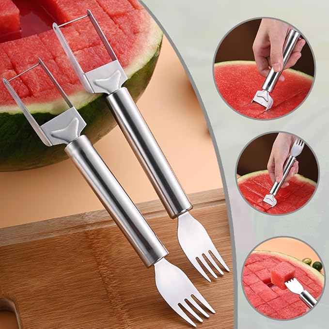 2-in-1 Stainless Steel Fruit Cutter 4-Piece Set - 2025 Upgrade Watermelon Slicer & Fork, Multi-Purpose Kitchen Utensils for Melons, Fruits - Includes Candy Plastic Spoon (Durable & Dishwasher Safe)