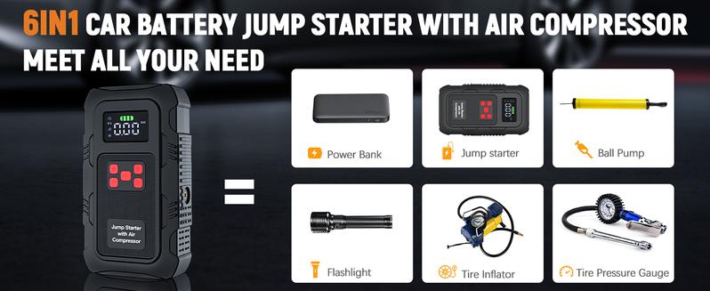 HPBS 24000mAh Power Bank Auto Battery Booster With Air Compressor 6000A 150PSI Fast Inflation 12V Portable Jump Starter for 10.0L Gas and 8.0L Diesel Engines