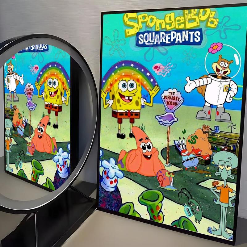 Cartoon S-SpongeBob S-SquarePants Poster Waterproof HD Wall Sticker | Self-Adhesive Decorative Art Poster | Fade-Resistant Scratch-Proof for Long-Term Use | Easy to Apply and Clean | for Home Office Bedroom Living Room Kitchen Decor | Gift Idea