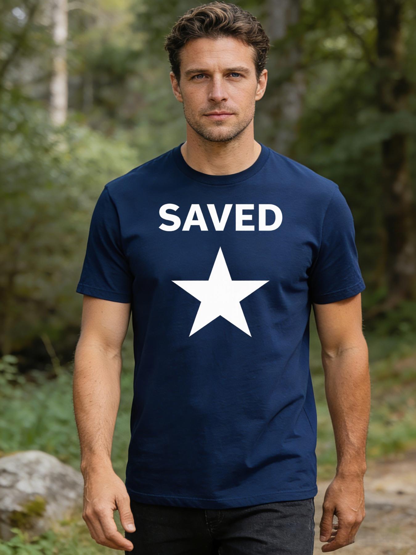 Men's T-shirt SAVED with white star print pattern, trendy short-sleeved casual street wear, versatile top for daily use