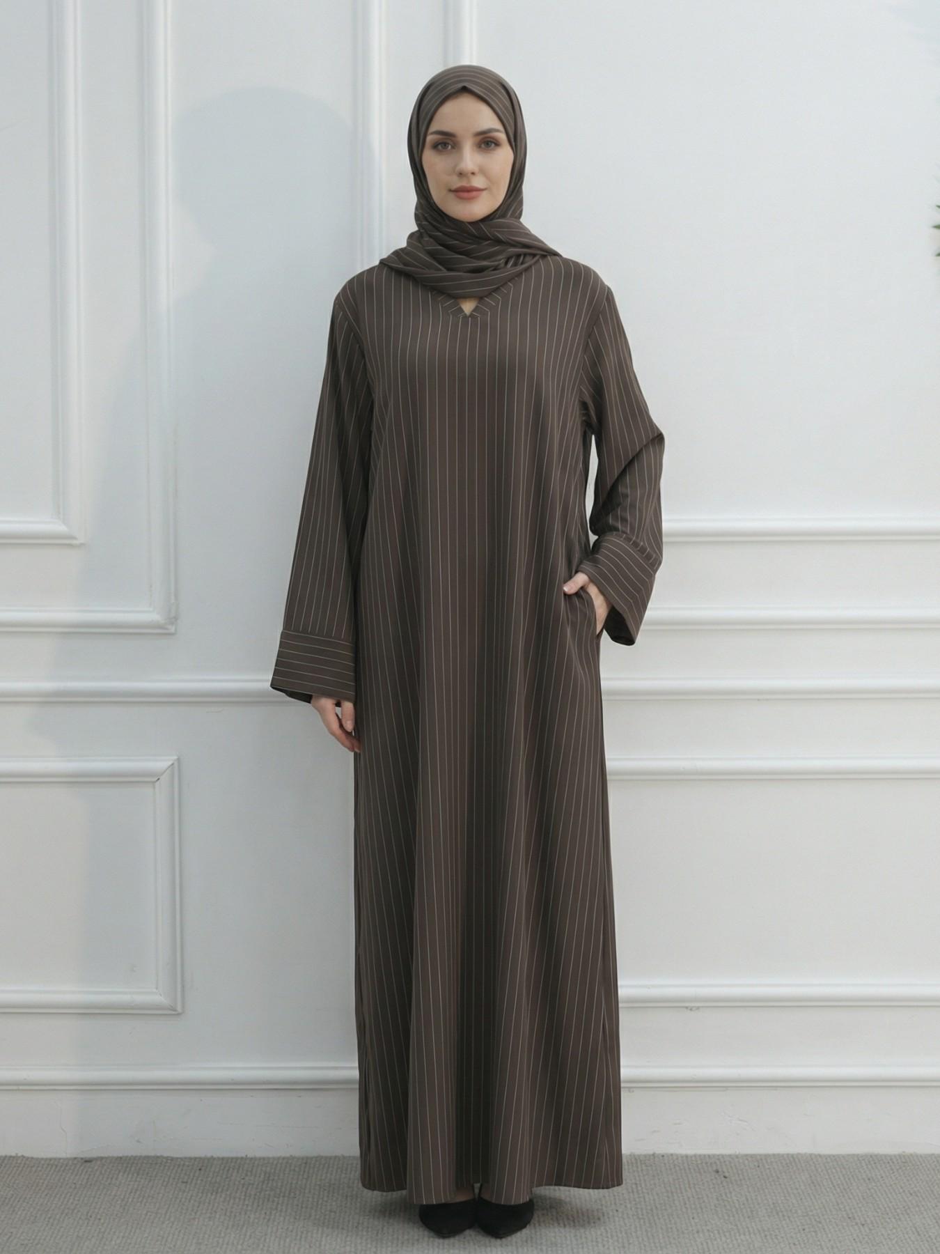 Muslim Women's Loose Striped V Neck Dress Robe, Strong Wrapping, Contains Pockets, No Headscarf, Long Sleeve, Modest Style