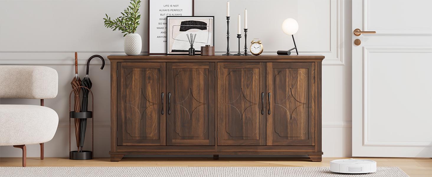 【SPOTLIGHT DAY】ONBRILL 63 Inch Buffet Cabinet with Storage, Large Sideboard Cabinet with 4 Carved Doors, Modern Credenza Storage Cabinets w/Adjustable Shelves for Kitchen, Living Room