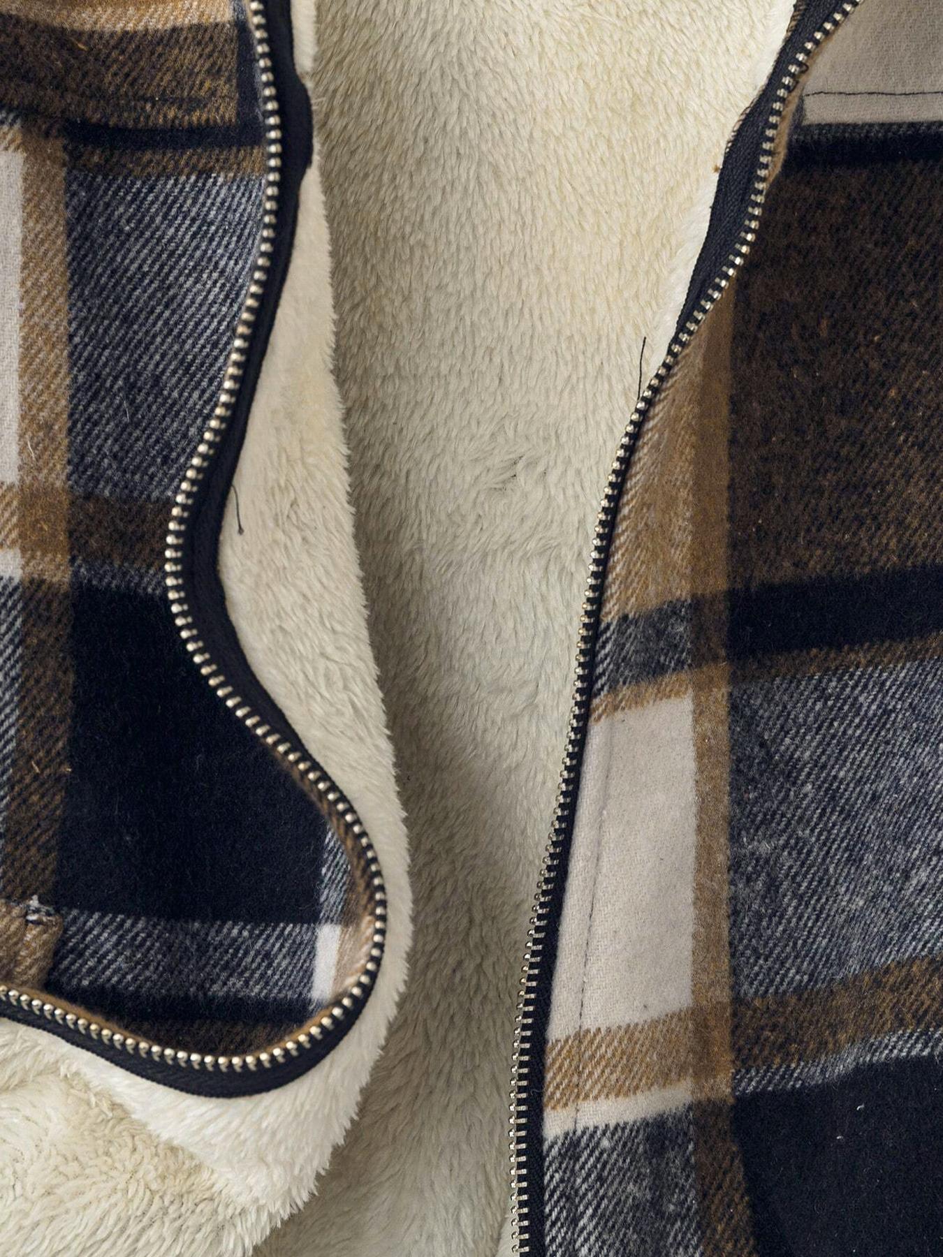Women's Plaid Print Hooded Zipper Warm Lined Short Loose Fashionable Jacket, Long Sleeve Casual Outerwear, Fall & Winter Fashion Coat, Womenswear, Hoodie outerwear vacation style comfy chic sleek