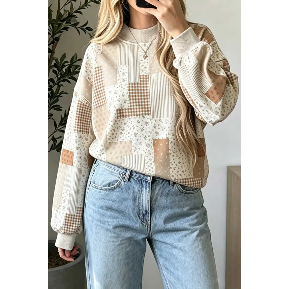 Women's Khaki Gingham-Patchwork Floral Print Ribbed High Mock Neck Casual Fabric Long Sleeve Sweatshirt