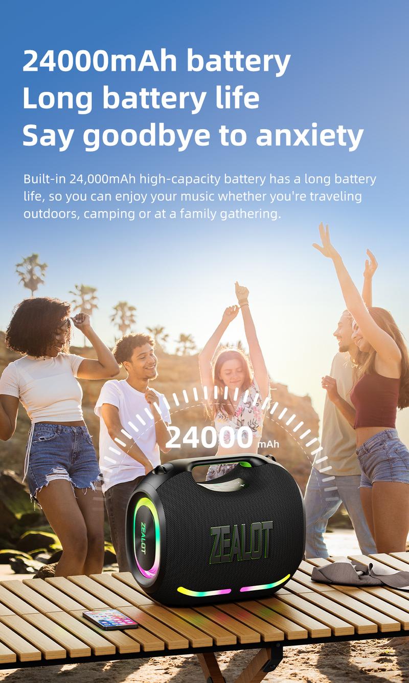 120W【ZEALOT】24000mAh/LIMITED/OFFERS Portable Speaker Bluetooth Speaker Party Speaker Waterproof IPX6 RGB Lights Power Bank TWS supports TWS pairing/USB/TF/AUX/BT smartphones. Ideal choice for family/car/Pool Party/BBQ/camping/gift giving