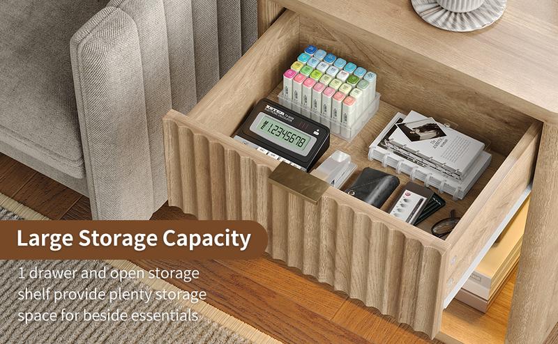 FUSOU Night Stand with Charging Station, Large LED Nightstand with Drawer and Storage Shelf, Lighting Modes Adjustable, Modern Deals for you Days Wood Nightstand Side Table End Table for Bedroom, Living Room, Oak