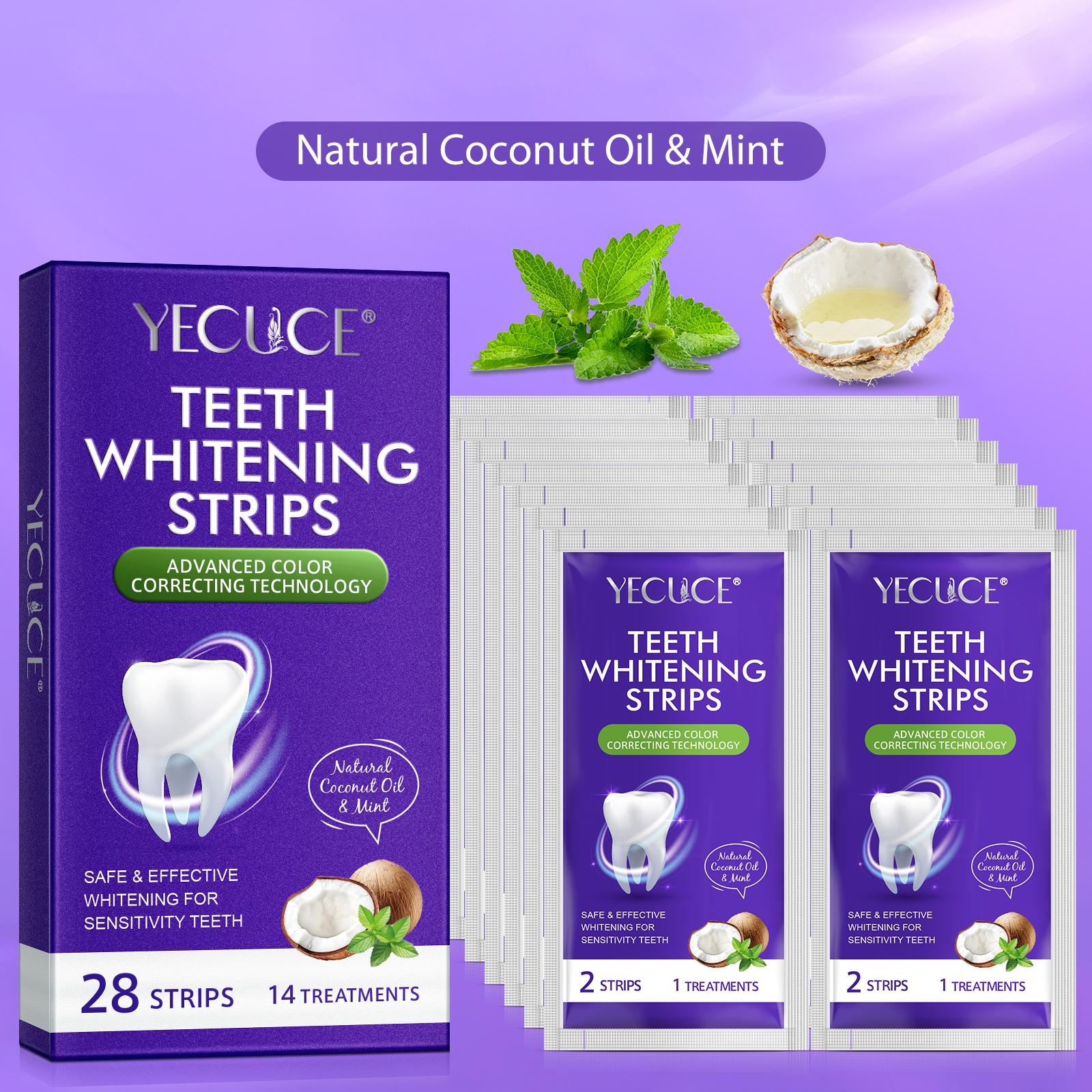 YECUCE Purple Teeth Whitening Strips contain natural coconut oil and peppermint. Advanced color correction improves yellowing teeth, breaks down stains, and eliminates tooth sensitivity. 14 strips/box Teeth Brightening Strips