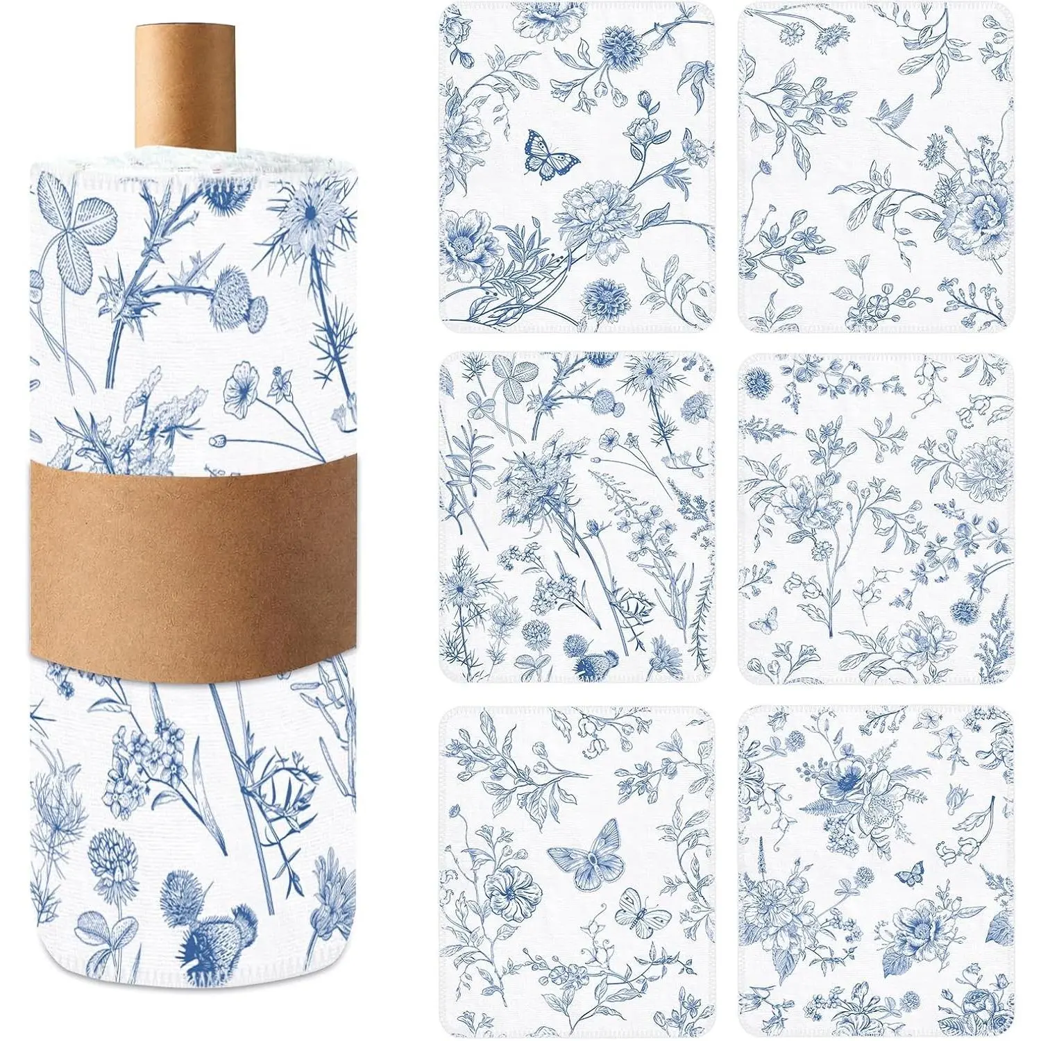 36 Pack Reusable Paper Towels Floral Reusable Kitchen Rolls Towels | Blue White Chinoiserie Style Reusable Cotton Cleaning Cloths, Vintage Washable Absorbent Dish Rags for Home Kitchen